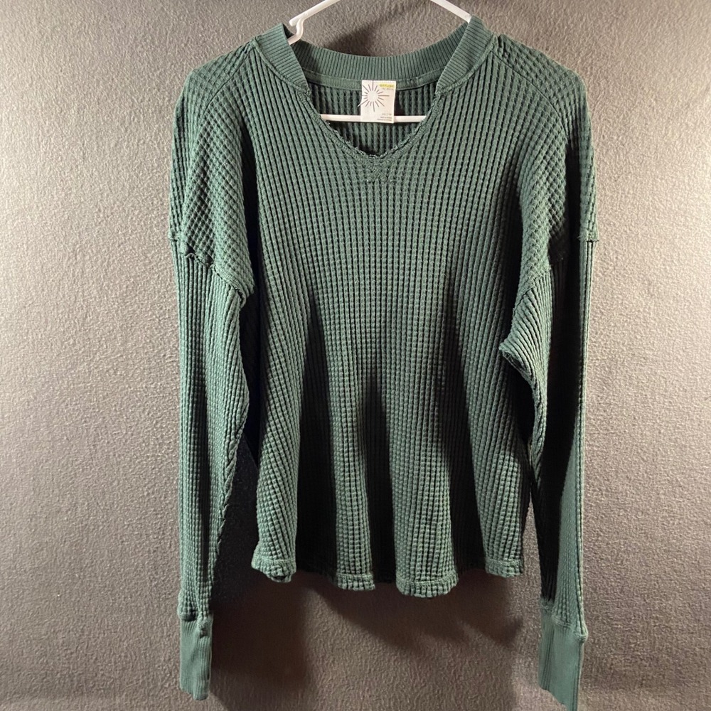 aerie OFFLINE thermal Waffle Knit Henley top oversized Shirt Green XS relaxed